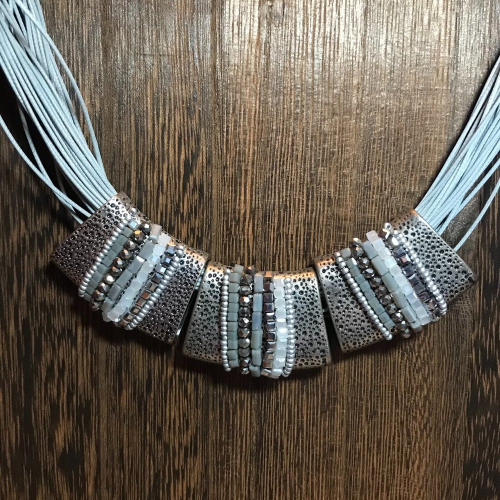 Hammered Silver and Gray Bead Cord necklace